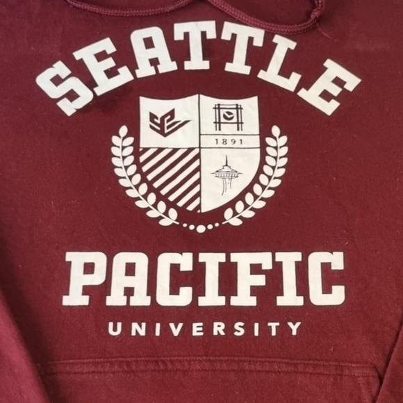 USA University Hoodie Burgundy Mens Sweatshirt Pullover Seattle Pacific Size S. - Picture 3 of 4
